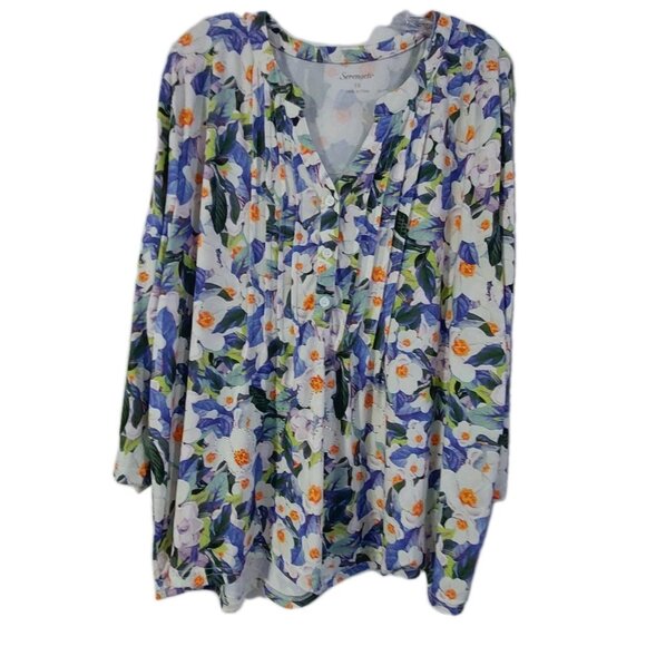 Serengeti Women’s Shirt Tunic Top Size 3X Blue Multi-colored Floral 3/4 Sleeves - Picture 1 of 10